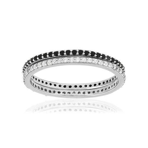 Duo bague alliance tour complet argent 925 zirconias noirs et blancs