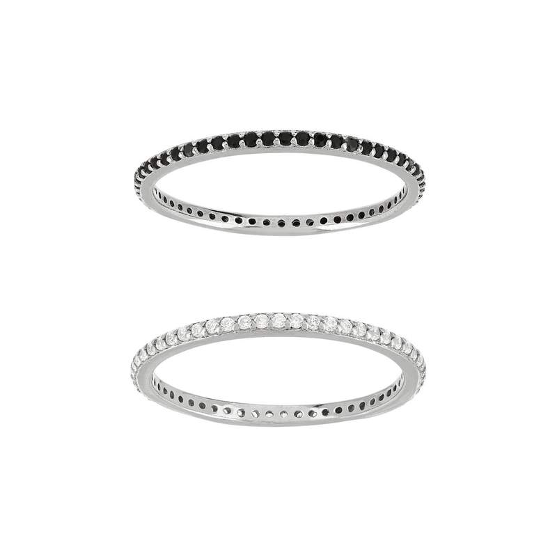 Duo bague alliance tour complet argent 925 zirconias noirs et blancs - vue 2