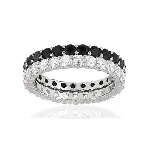 Duo bagues alliances argent 925 tour complet zirconias noirs et blancs