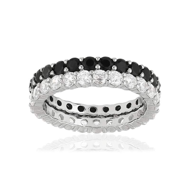 Duo bagues alliances argent 925 tour complet zirconias noirs et blancs - vue 1