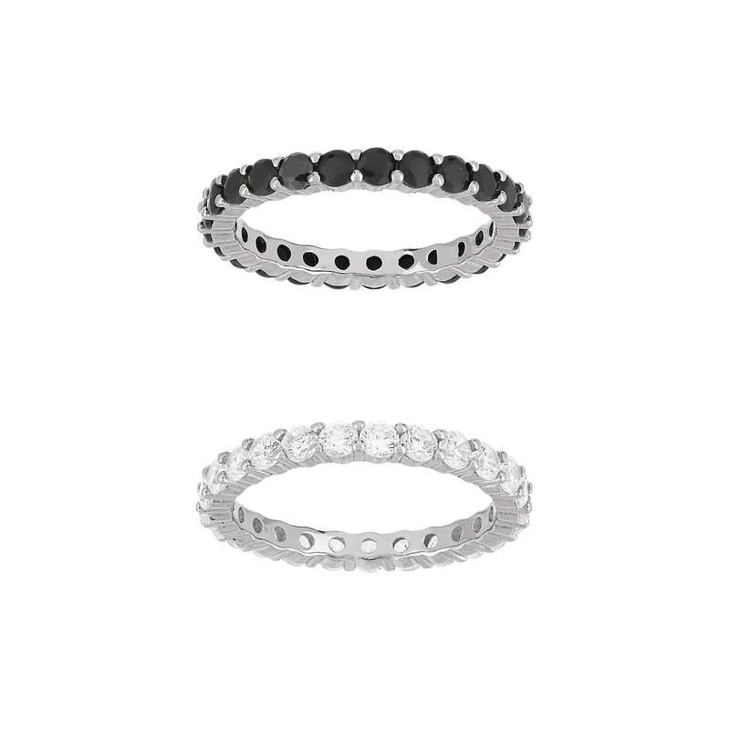 Duo bagues alliances argent 925 tour complet zirconias noirs et blancs - vue 2