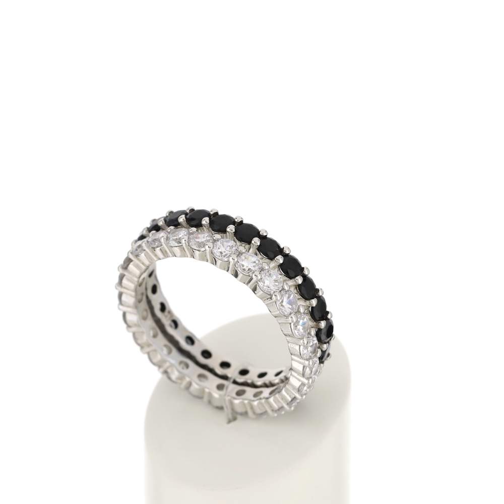 Duo bagues alliances argent 925 tour complet zirconias noirs et blancs - vue 3