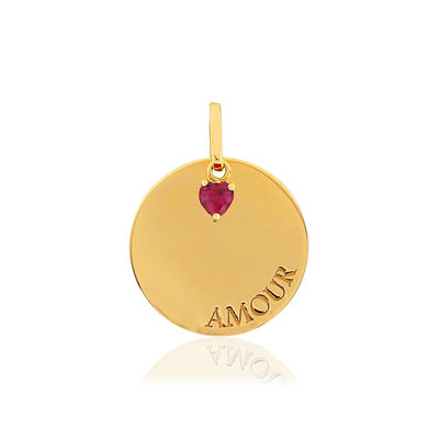 Pendentif or jaune 375 'Amour' pampille coeur zirconia rouge - vue 1