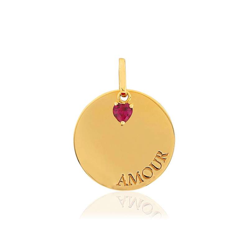 Pendentif or jaune 375 'Amour' pampille coeur zirconia rouge - vue 1