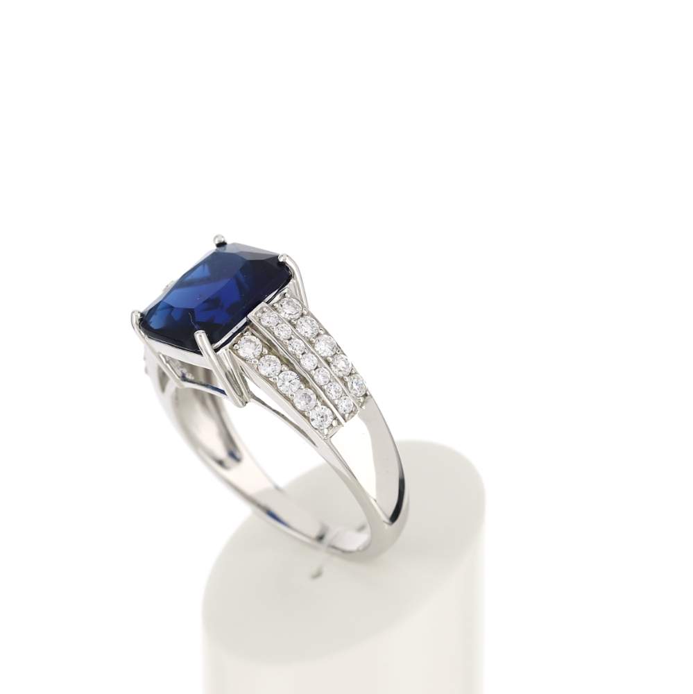 Bague argent 925 pierre bleue rectangulaire et zirconias - vue 4