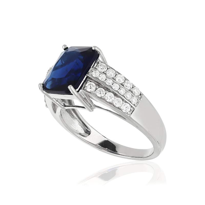 Bague argent 925 pierre bleue rectangulaire et zirconias - vue D1
