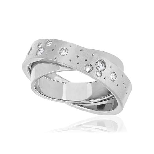 Bague acier anneaux entrelacés zirconia blanc