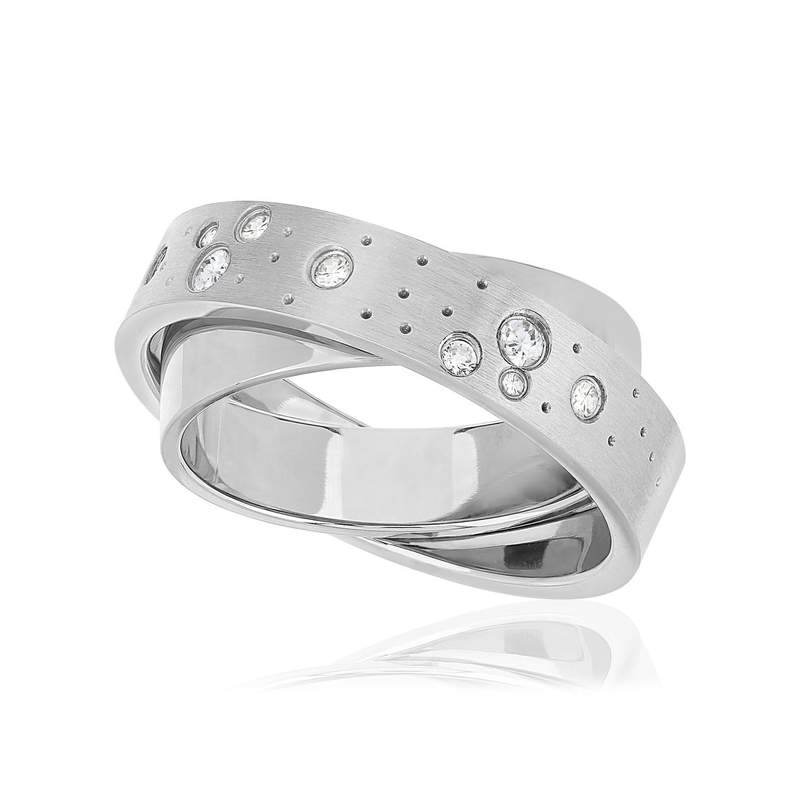 Bague acier anneaux entrelacés zirconia blanc - vue 1