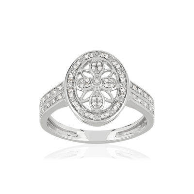 Bague or 375 blanc ovale ajourée diamants - vue 1