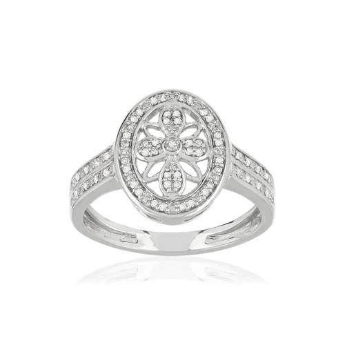 Bague or 375 blanc ovale ajourée diamants