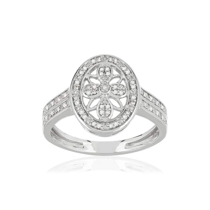 Bague or 375 blanc ovale ajourée diamants - vue 1
