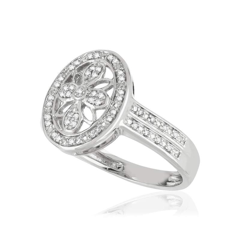 Bague or 375 blanc ovale ajourée diamants - vue D1