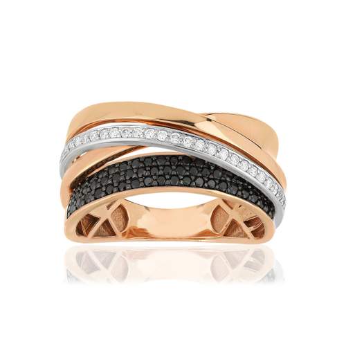 Ring van 750 roségoud met witte diamanten en behandelde zwarte diamanten