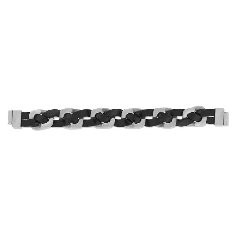 Bracelet cuir noir acier 21 cm - vue 1