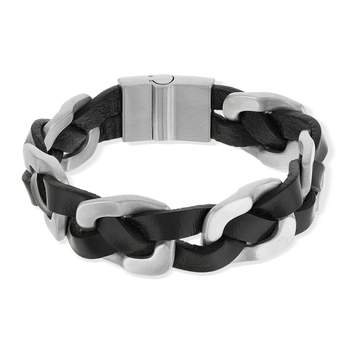 Zwart leer en stalen armband 21 cm