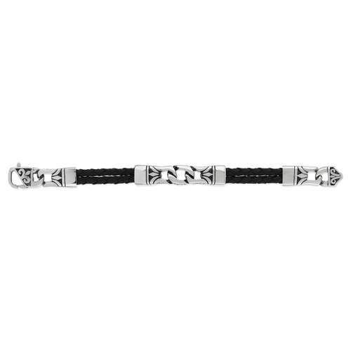 Bracelet acier cuir tressé noir 22 cm