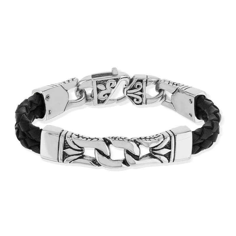 Bracelet acier cuir tressé noir 22 cm - vue 2