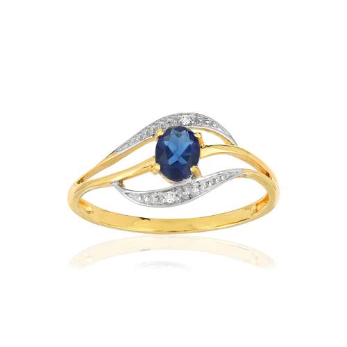 Bague or 375 2 tons saphir ovale et diamants