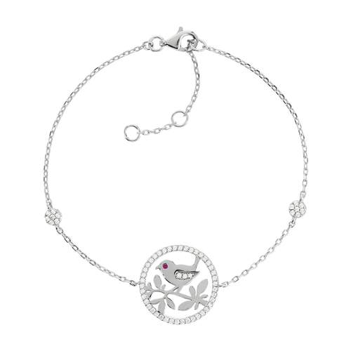 Bracelet argent 925 oiseau zirconias blancs et rouge 21 cm