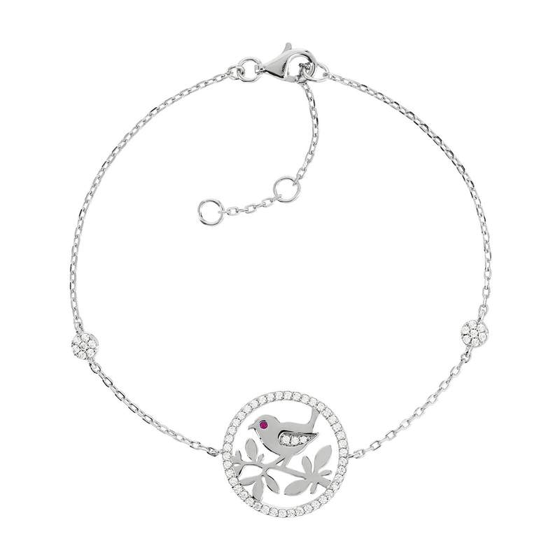 Bracelet argent 925 oiseau zirconias blancs et rouge 21 cm - vue 1