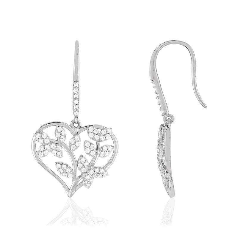 925 sterling silver heart-shaped earrings with foliage and zirconia pendants - view 1
