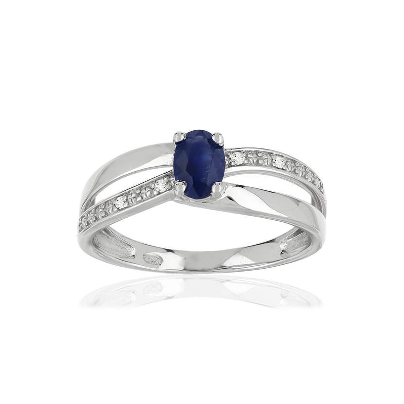 Ring van 375 witgoud met ovale saffier en diamanten - afbeelding 1
