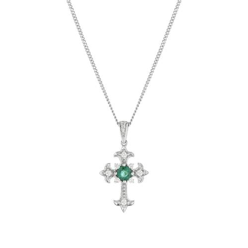Collier or blanc 375 émeraude diamants 45 cm