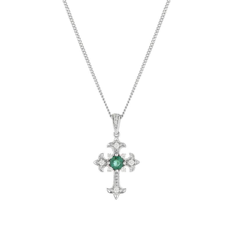 Collier or blanc 375 émeraude diamants 45 cm - vue 1