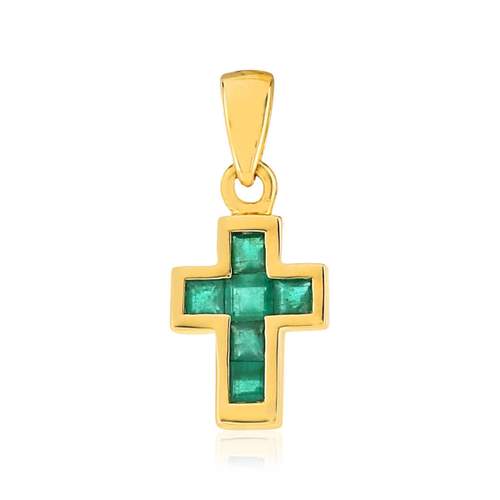 Pendentif croix or 375 jaune émeraudes carrées