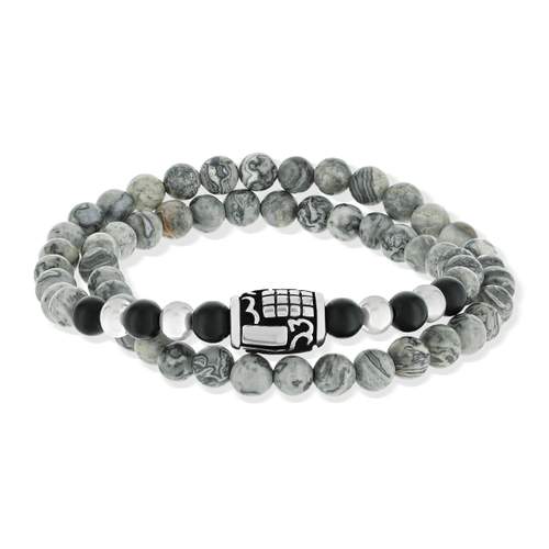 Bracelet jaspe gris onyx et acier double tour