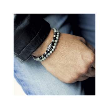 Armband van grijze jaspis, onyx en staal, dubbel gewikkeld