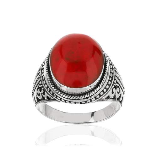 Bague argent 925 vieilli cabochon corail rouge