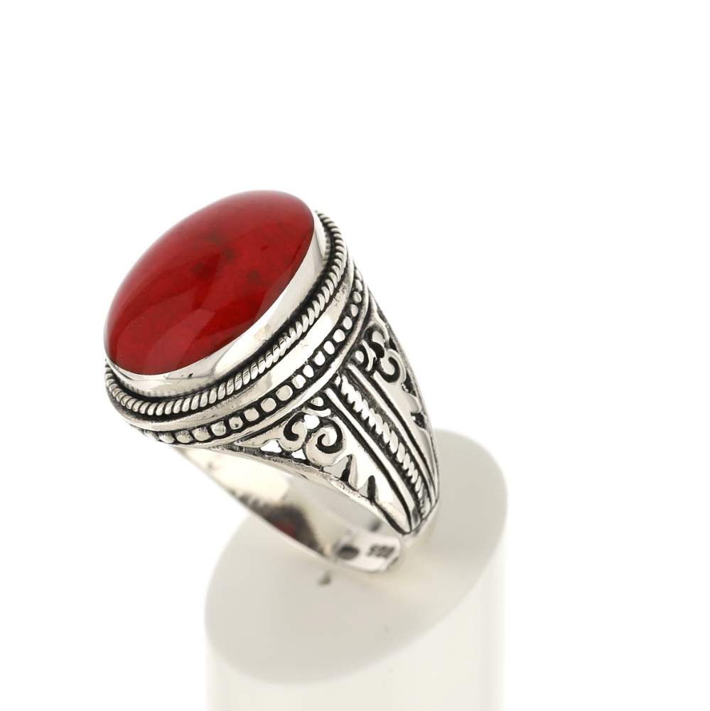 Bague argent 925 vieilli cabochon corail rouge - vue 4