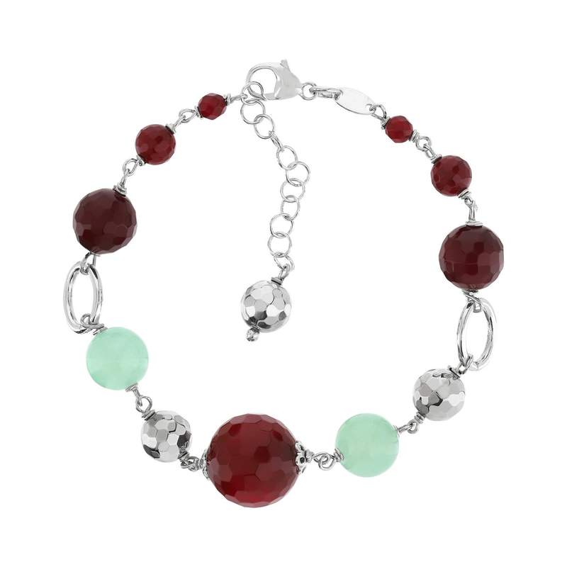 Bracelet argent 925 jades et pierres imitation rouges 23 cm - vue 1