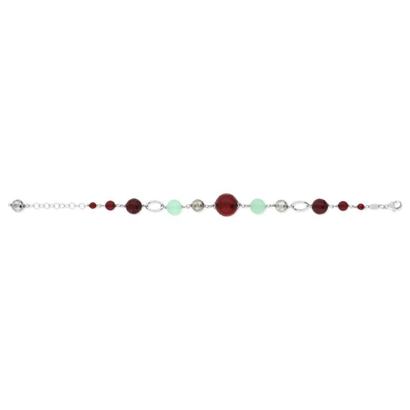 Bracelet argent 925 jades et pierres imitation rouges 23 cm - vue 2