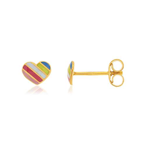 Boucles d'oreilles or jaune 375 coeur arc en ciel laque