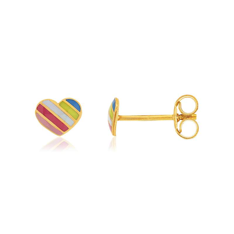 Boucles d'oreilles or jaune 375 coeur arc en ciel laque - vue 1
