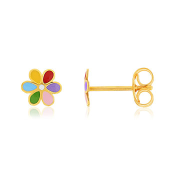 Boucles d'oreilles or jaune 375 fleurs laque colorée