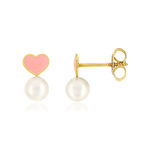Boucles d'oreilles or 375 jaune coeurs perles de culture de Chine et laque rose - vue 1