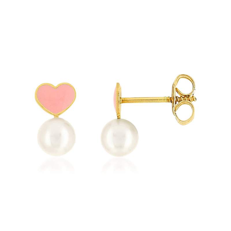 Boucles d'oreilles or 375 jaune coeurs perles de culture de Chine et laque rose - vue 1