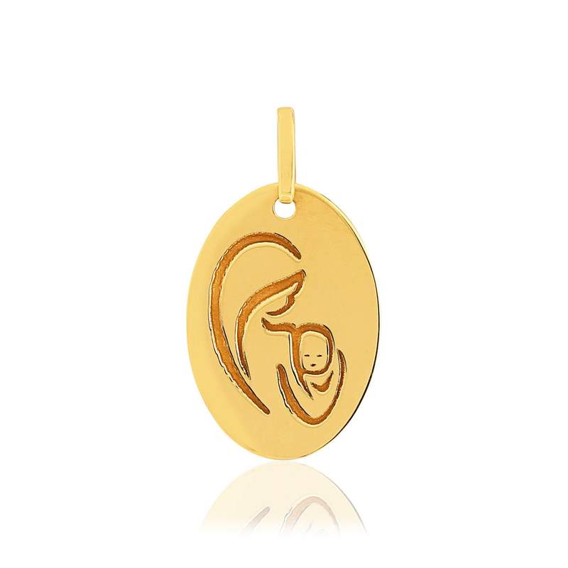 Médaille or 375 jaune ovale Vierge à l'enfant ouvragée - vue 1