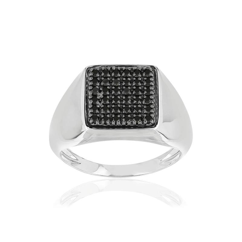 Chevaliere or blanc 375 carrée diamants noirs traités - vue 1