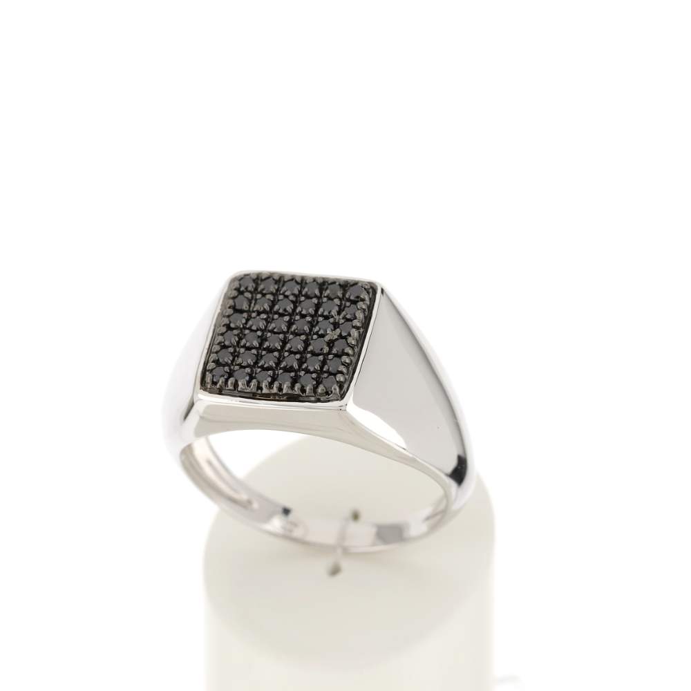 Chevaliere or blanc 375 carrée diamants noirs traités - vue 2