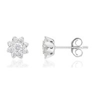 Boucles d'oreilles or 750 blanc fleurs diamants synthétiques 0,50 carat