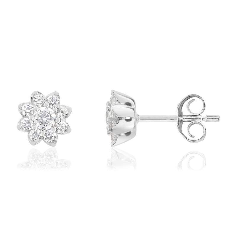 Boucles d'oreilles or 750 blanc fleurs diamants synthétiques 0,50 carat - vue 1