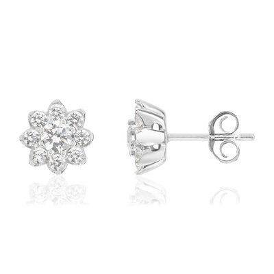 Boucles d'oreilles or 750 blanc fleurs diamants synthétiques 0,79 carat