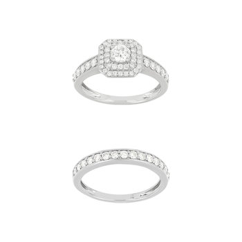 Duo alliance demi-tour solitaire or 750 blanc diamants synthétiques 1 ct 9.5 mm