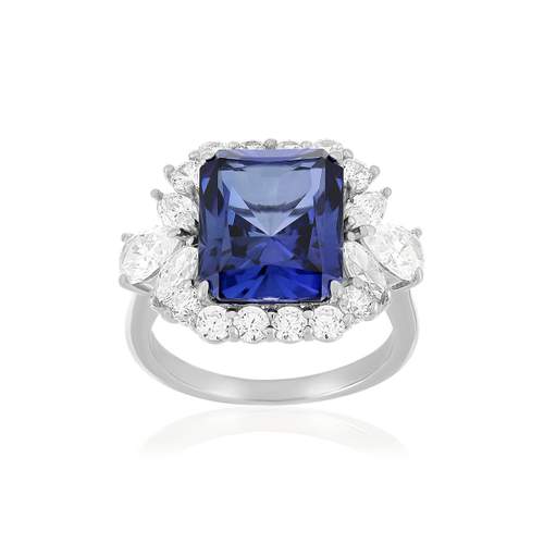 Bague argent corindon synthétique bleu et zirconias.