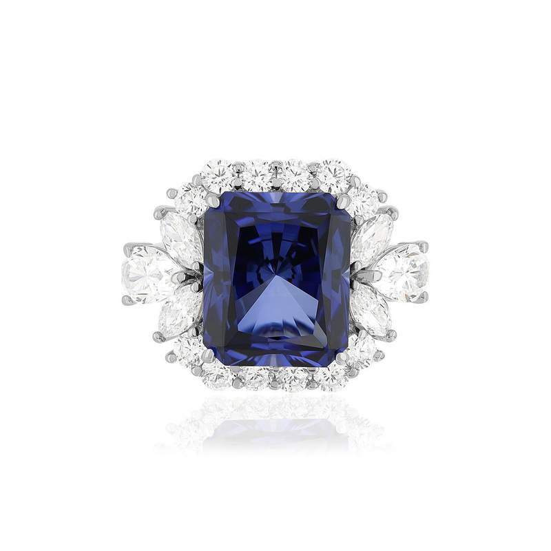 Zilveren ring met blauwe synthetische korund en zirkonia’s. - afbeelding 3