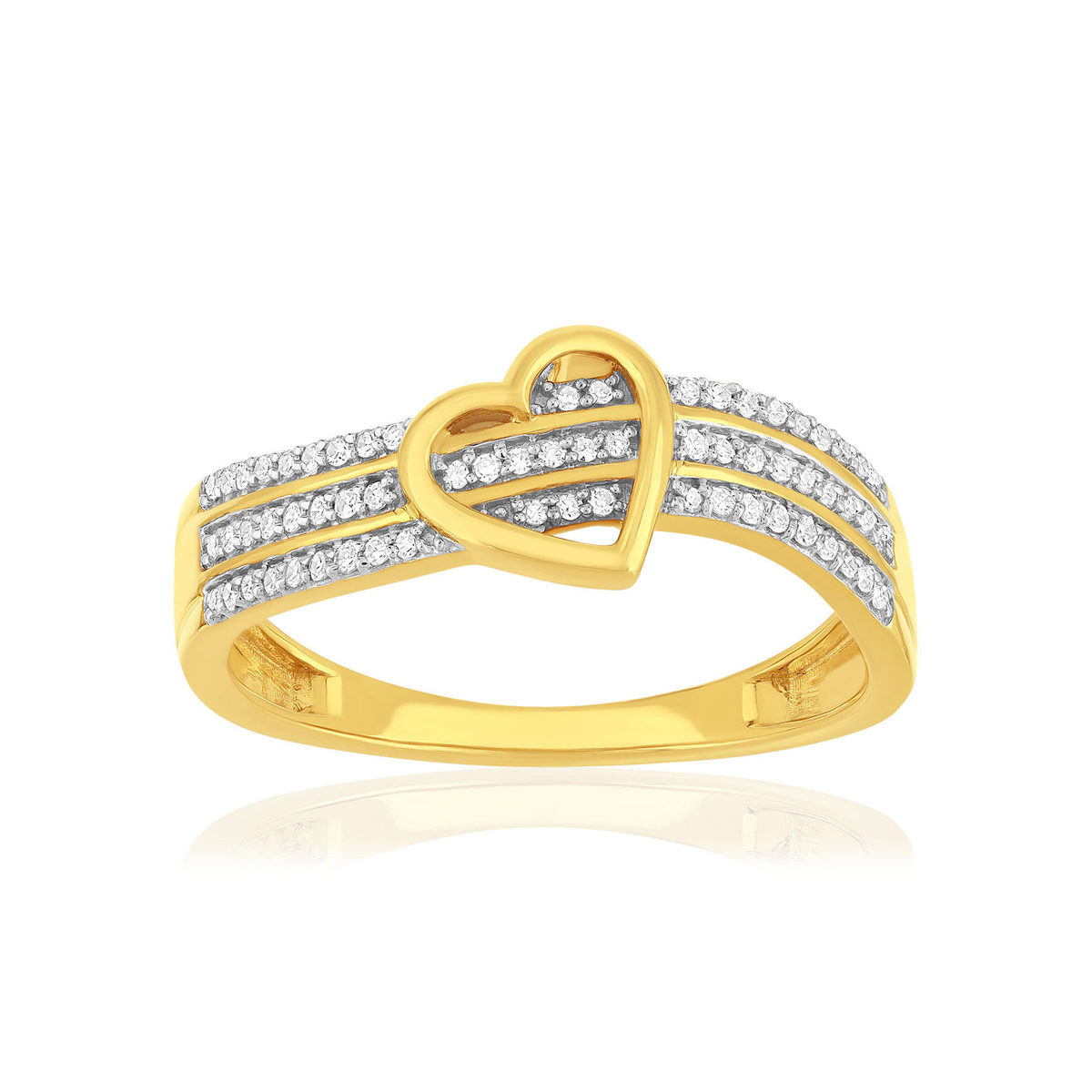 Gouden ring 375 2-toon hart halve draai diamanten
